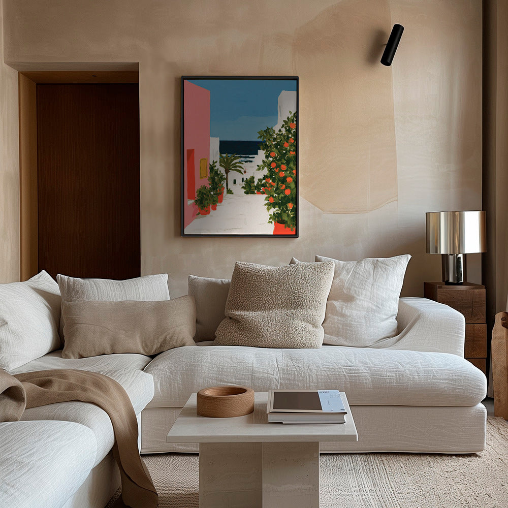Cuadro de paisaje con naranjos en calle costera – Canvas1