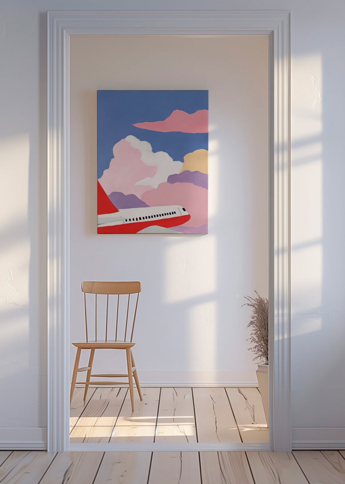 Ilustración de avión entre nubes rosas – Canvas