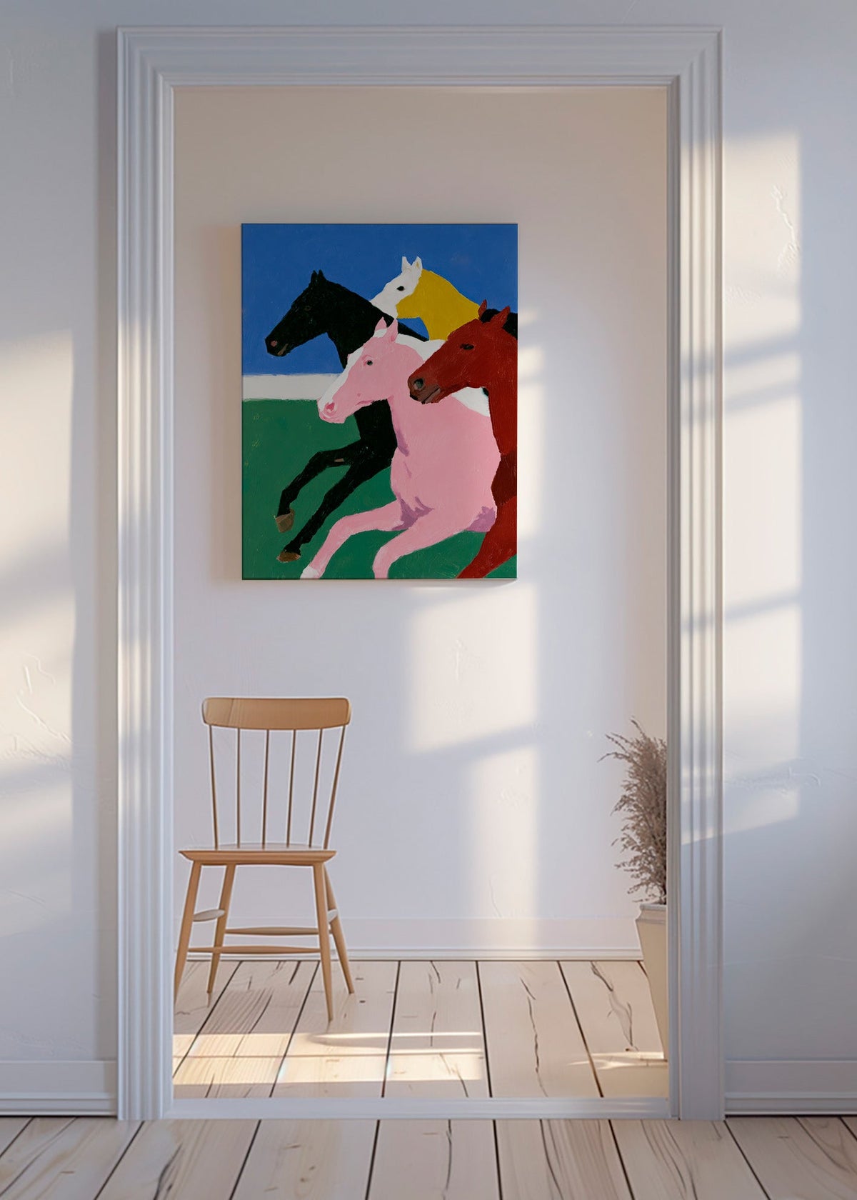 Cuadro con cuatro caballos en carrera y paleta plana – Canvas