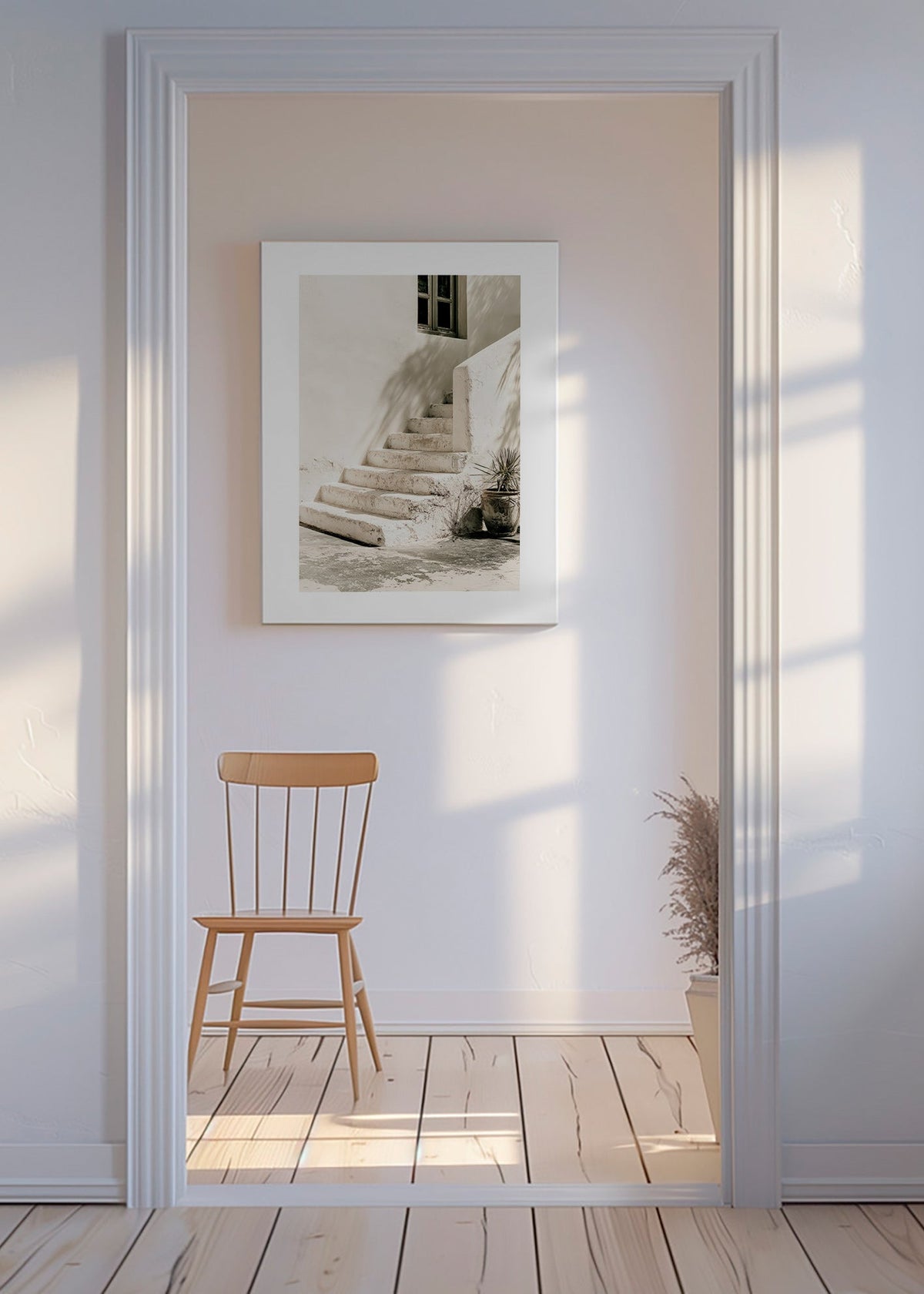 Fotografía de escalera blanca con maceta – Canvas