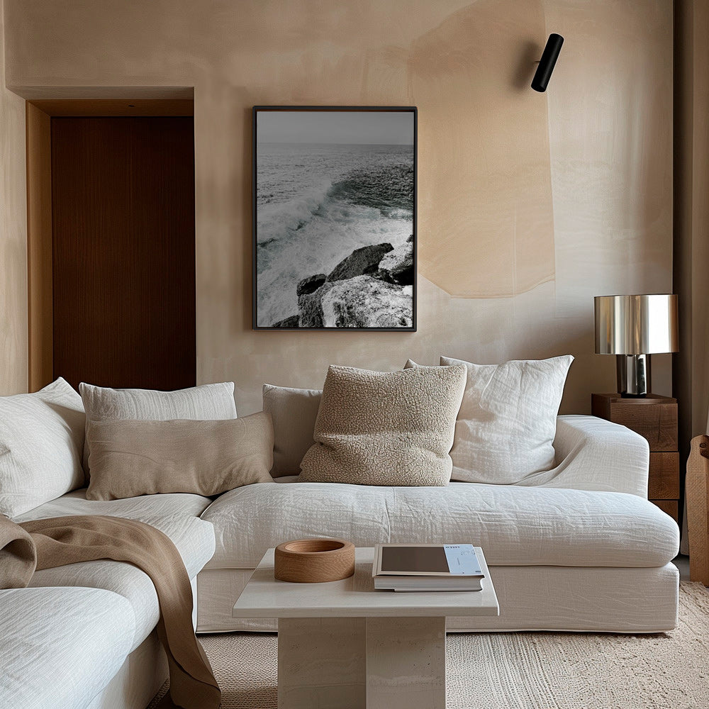 Cuadro de paisaje: acantilado y ola en blanco y negro – Canvas1