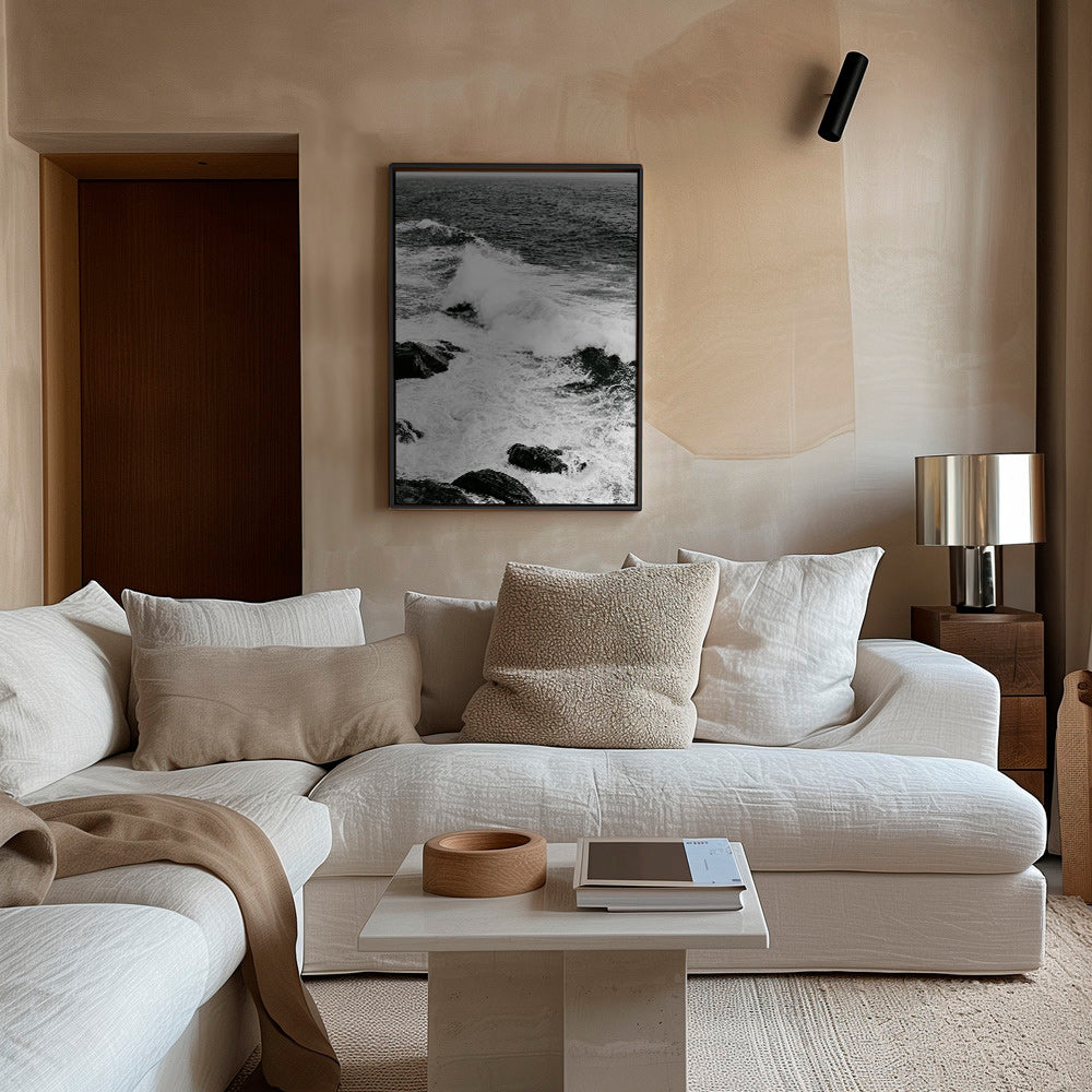 Cuadro de paisaje marino en blanco y negro con oleaje – Canvas2