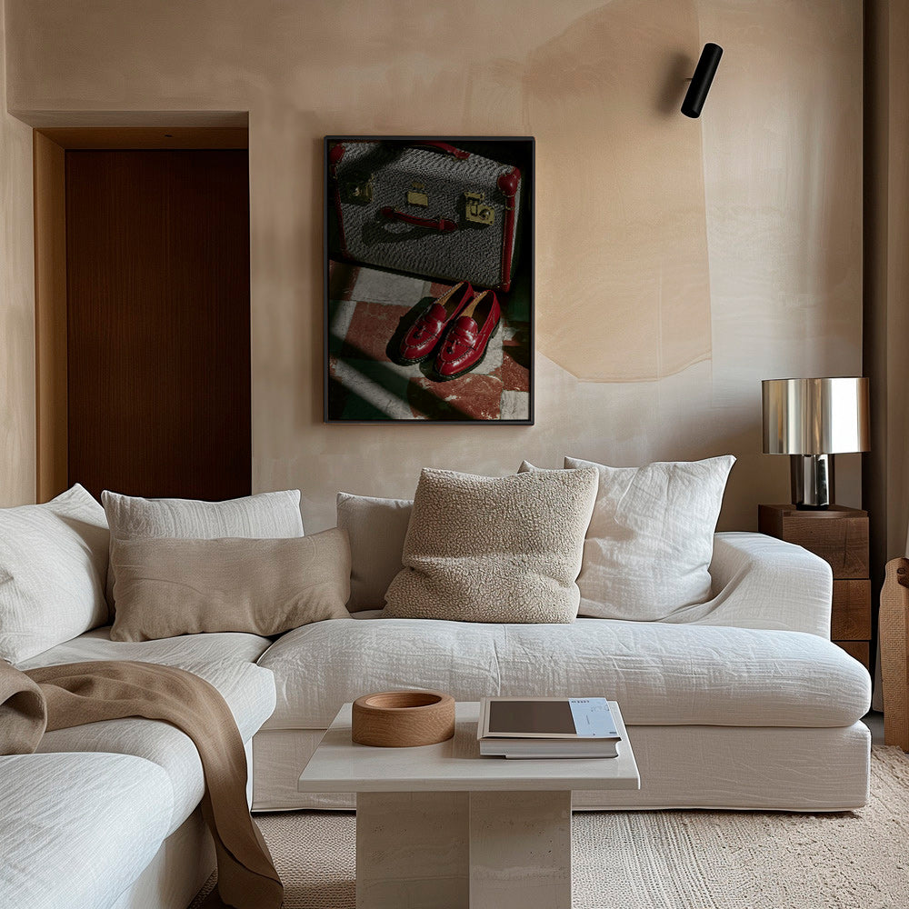 Cuadro de ciudades con maleta y zapatos rojos – Canvas2
