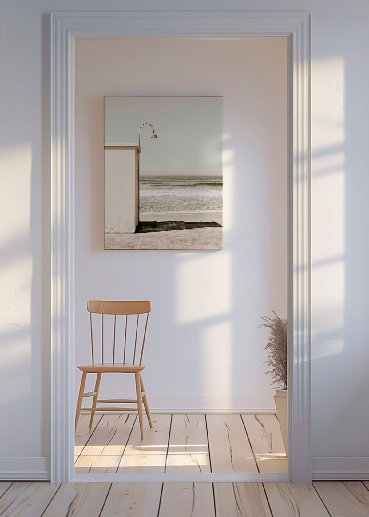 Cuadro de paisaje con playa y farol minimalista – Canvas