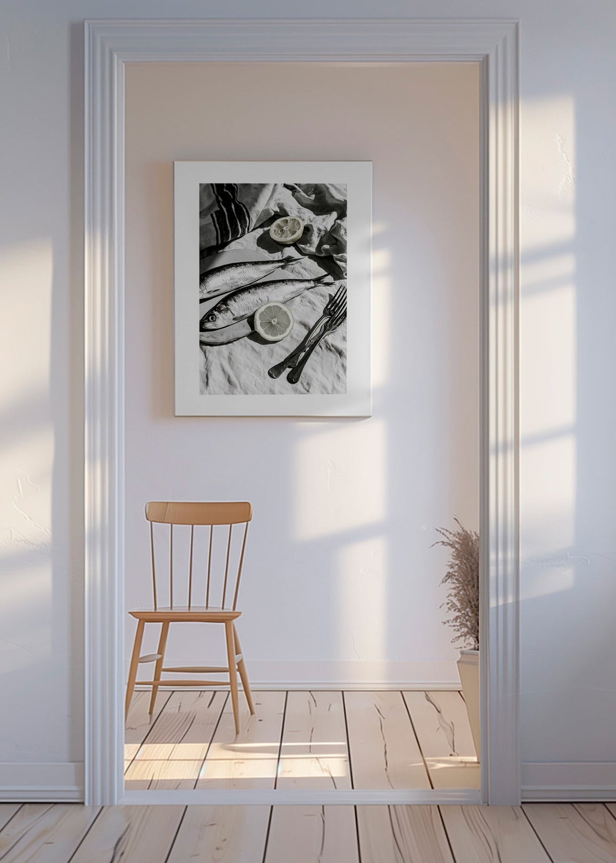 Cuadro de cocina con sardinas y limón en blanco y negro – Canvas