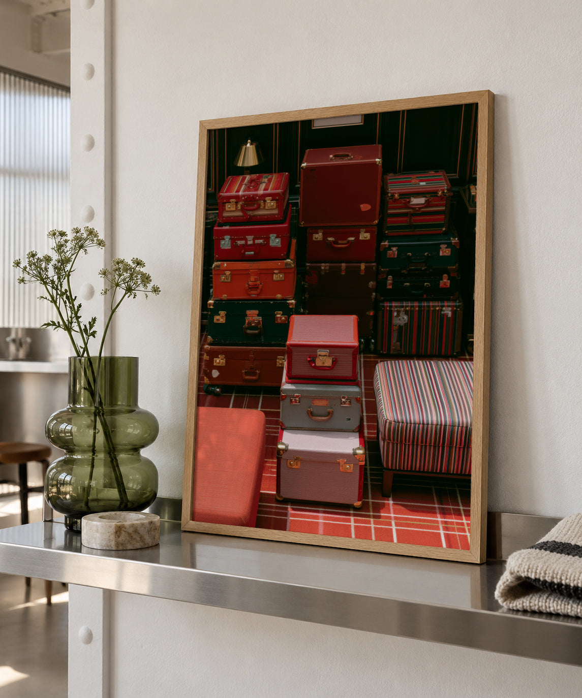 Red Luggage - Framed poster in an interior