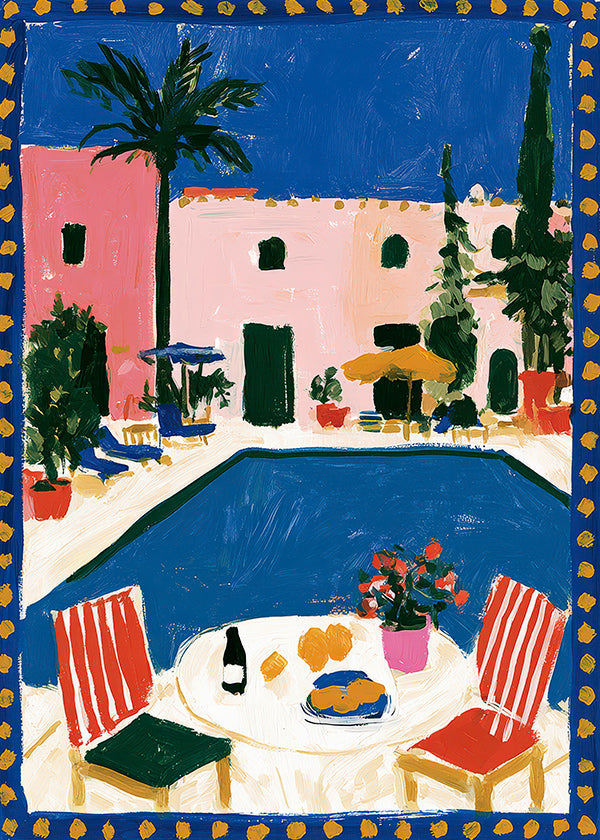 Cuadro de ciudades: villa rosa con piscina